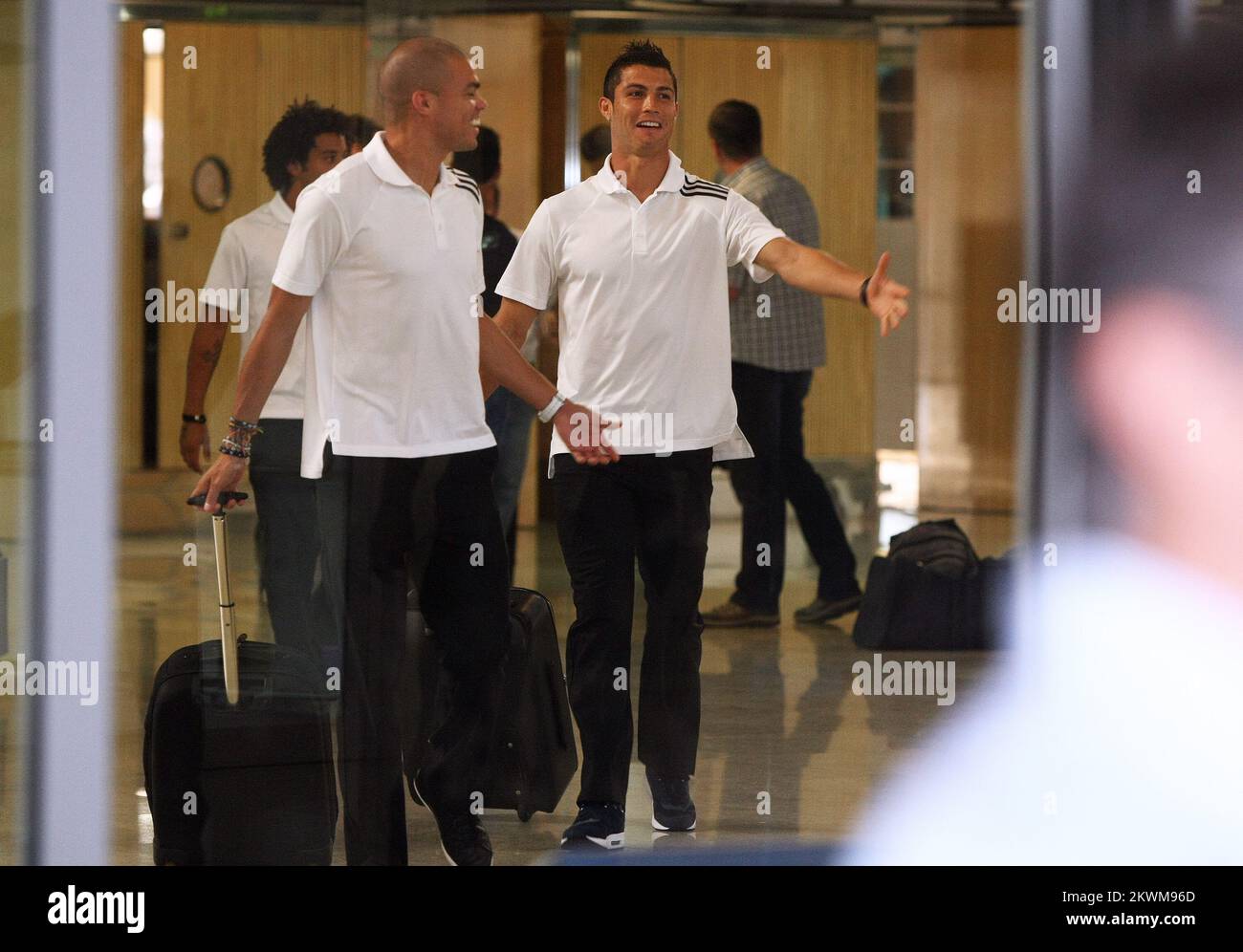 Real Madrid's Cristiano Ronaldo (right) and team-mate Pepe arrive at the hotel Esplanade,  the day before the Champions League match against Dinamo Zagreb. Photo: Marko Prpic/PIXSELL Stock Photo