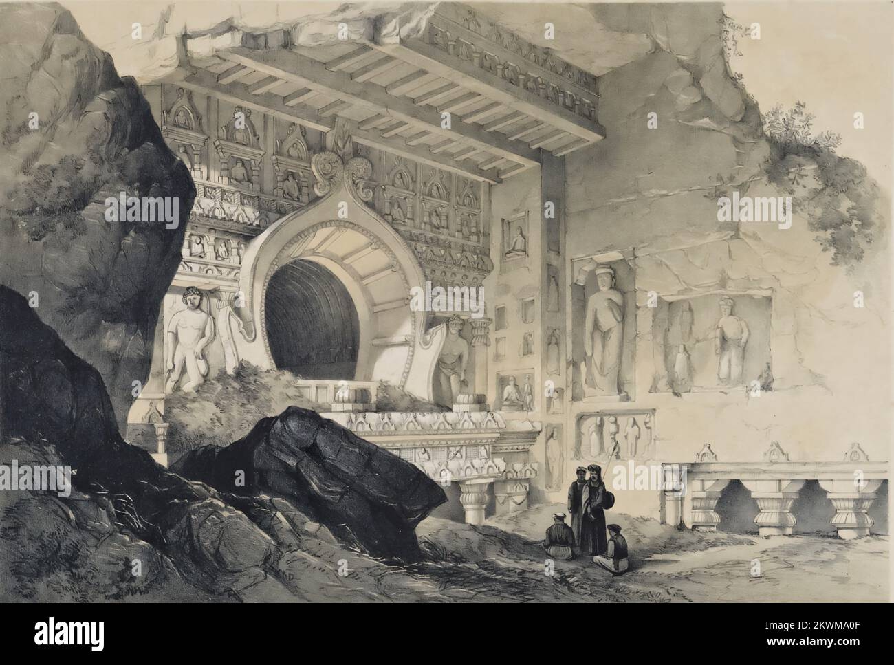 Ajunta - Exterior of Chaitya Cave, No. 19. from the book ' Illustrations of the rock-cut temples of India ' selected from the best examples of the different series of caves at Ellora, Ajunta, Cuttack, Salsette, Karli, and Mahavellipore. Drawn on stone by Mr. T. C. Dibdin, from sketches made on the spot in the years 1838-9 BY JAMES FERGUSSON, Publication date 1845 Publisher London, J. Weale Stock Photo