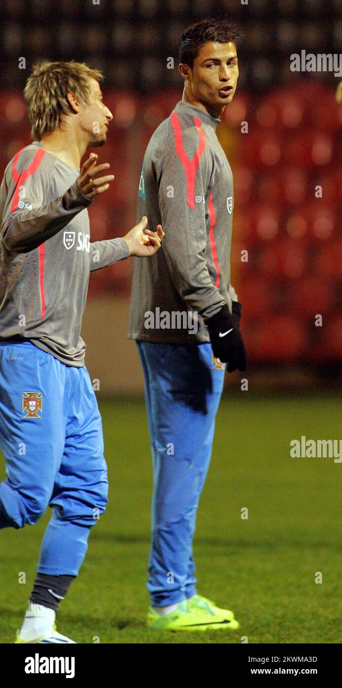 Cristiano Ronaldo( right) with Fabio Contrao (L) at Portugal national football team training  day before first play off Euro 2012 match against  Bosnia-Herzegovina Stock Photo