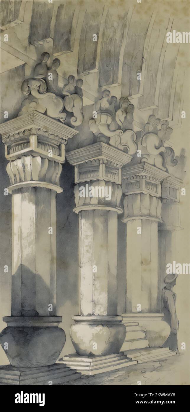 Pillars in Great Chaitya Cave, Kannari. from the book ' Illustrations of the rock-cut temples of India ' selected from the best examples of the different series of caves at Ellora, Ajunta, Cuttack, Salsette, Karli, and Mahavellipore. Drawn on stone by Mr. T. C. Dibdin, from sketches made on the spot in the years 1838-9 BY JAMES FERGUSSON, Publication date 1845 Publisher London, J. Weale Stock Photo