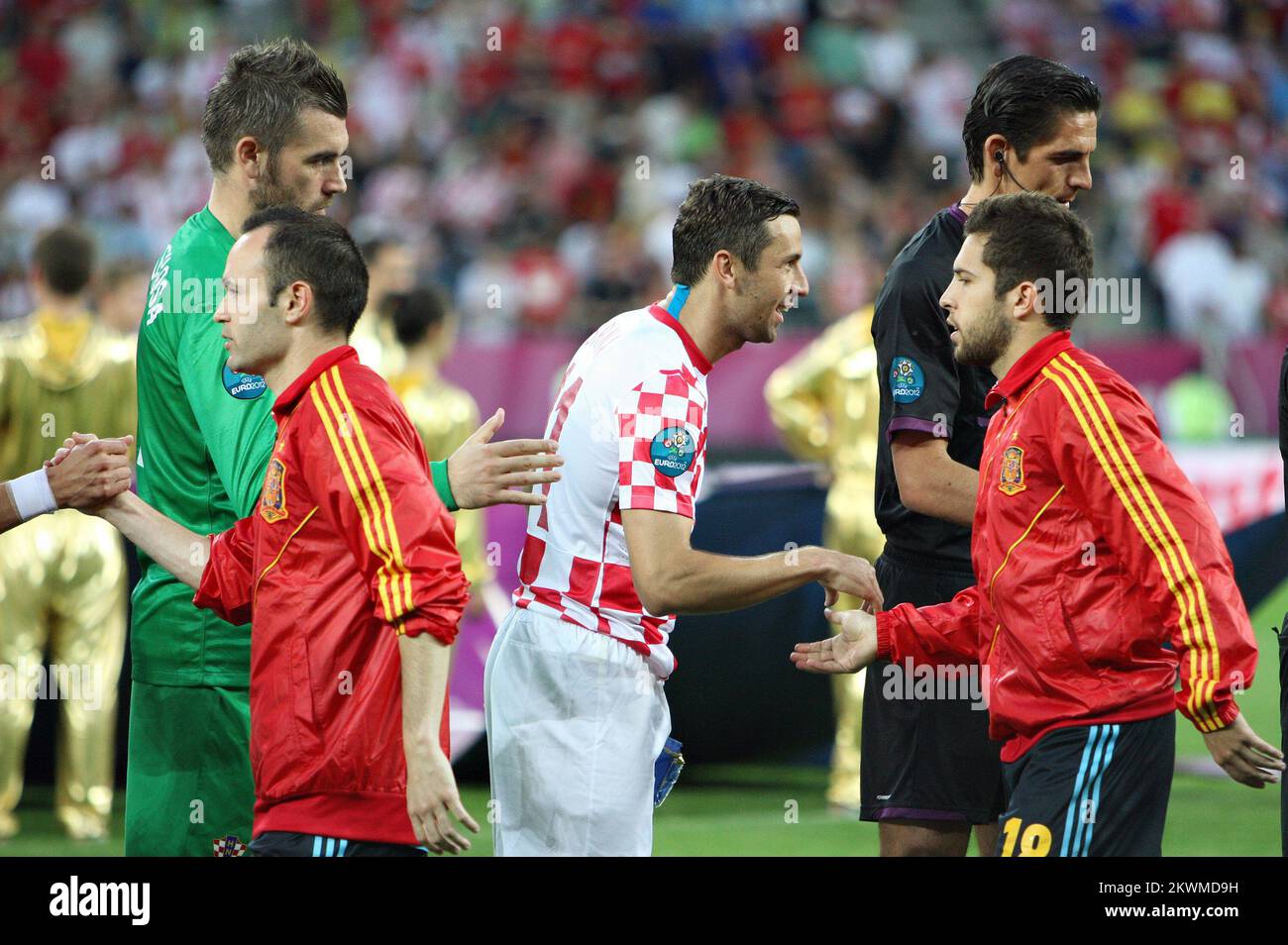 18.06.2012., Gdansk, Poland - UEFA Euro 2012, group C, Croatia - Spain. Andres Iniesta, Darijo Srna, Stipe Pletikosa. Photo: Slavko Midzor/PIXSELL Stock Photo