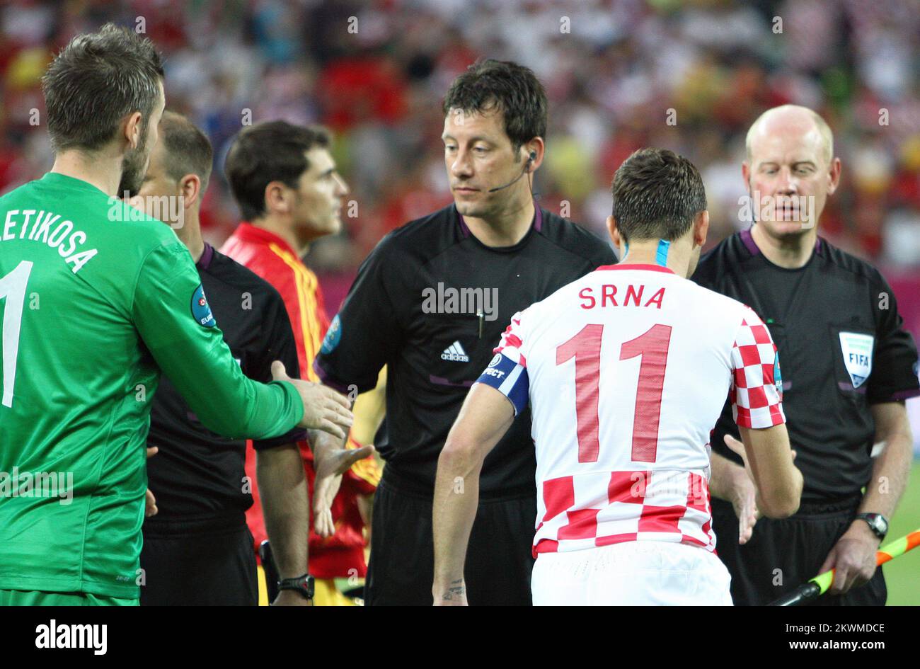 18.06.2012., Gdansk, Poland - UEFA Euro 2012, group C, Croatia - Spain. Darijo Srna, Stipe Pletikosa, referee Wolfgang Stark. Photo: Slavko Midzor/PIXSELL Stock Photo