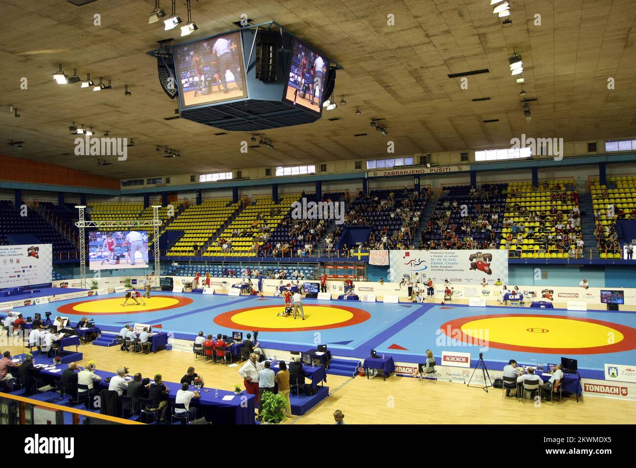 Zagreb, Croatia, A view of sports hall, Dom Sportova, in which is held Junior European Wrestling Championship on June 24, 2012. In the six-day competition, Zagreb hosted 459 competitors from 39 countries, among which were 120 female and 161 male wrestlers in the free-style and 178 male wrestlers in the Greco-Roman style. Photo: Goran Jakus/PIXSELL Stock Photo