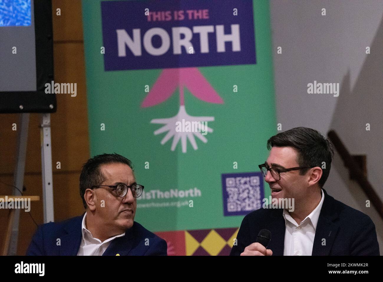 Manchester UK 30th November 2022, (R-L) Andy Burnham ( Manchester Mayor), Nazir Afzal (Chancellor of the University of Manchester)at This is the North 2022. Wednesday the 30th of November the ‘great and the good’ gathered at the Friends Meeting House for the  third annual meeting of The Peoples Powerhouse. Those in attendance included Andy Burnham ( Manchester Mayor), Nazir Afzal (Chancellor of the University of Manchester) and Bev Craig (Leader of the Manchester City Council). The organisation aims to  “bring northerners together so that they can decide what the future of the north should loo Stock Photo