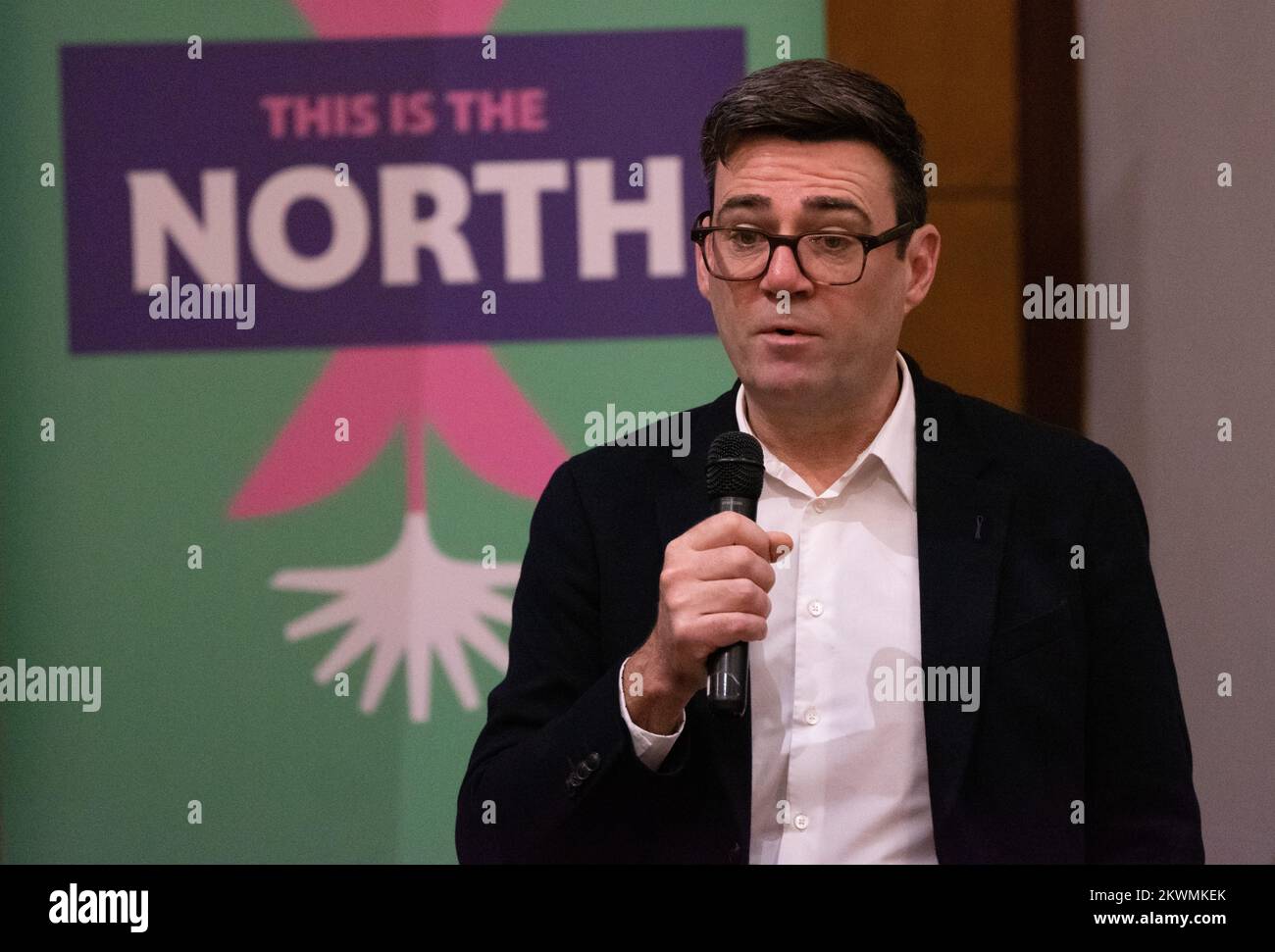 Manchester  30th November 2022, Andy Burnham ( Manchester Mayor), at This is the North 2022 Wednesday the 30th of November the ‘great and the good’ gathered at the Friends Meeting House for the  third annual meeting of The Peoples Powerhouse. Those in attendance included  Nazir Afzal (Chancellor of the University of Manchester) and Bev Craig (Leader of the Manchester Council). The organisation aims to  “bring northerners together so that they can decide what the future of the north should look like” the event lasted all day. Andy Burnham stated “We are going to make 2023 a fight back year.' Stock Photo