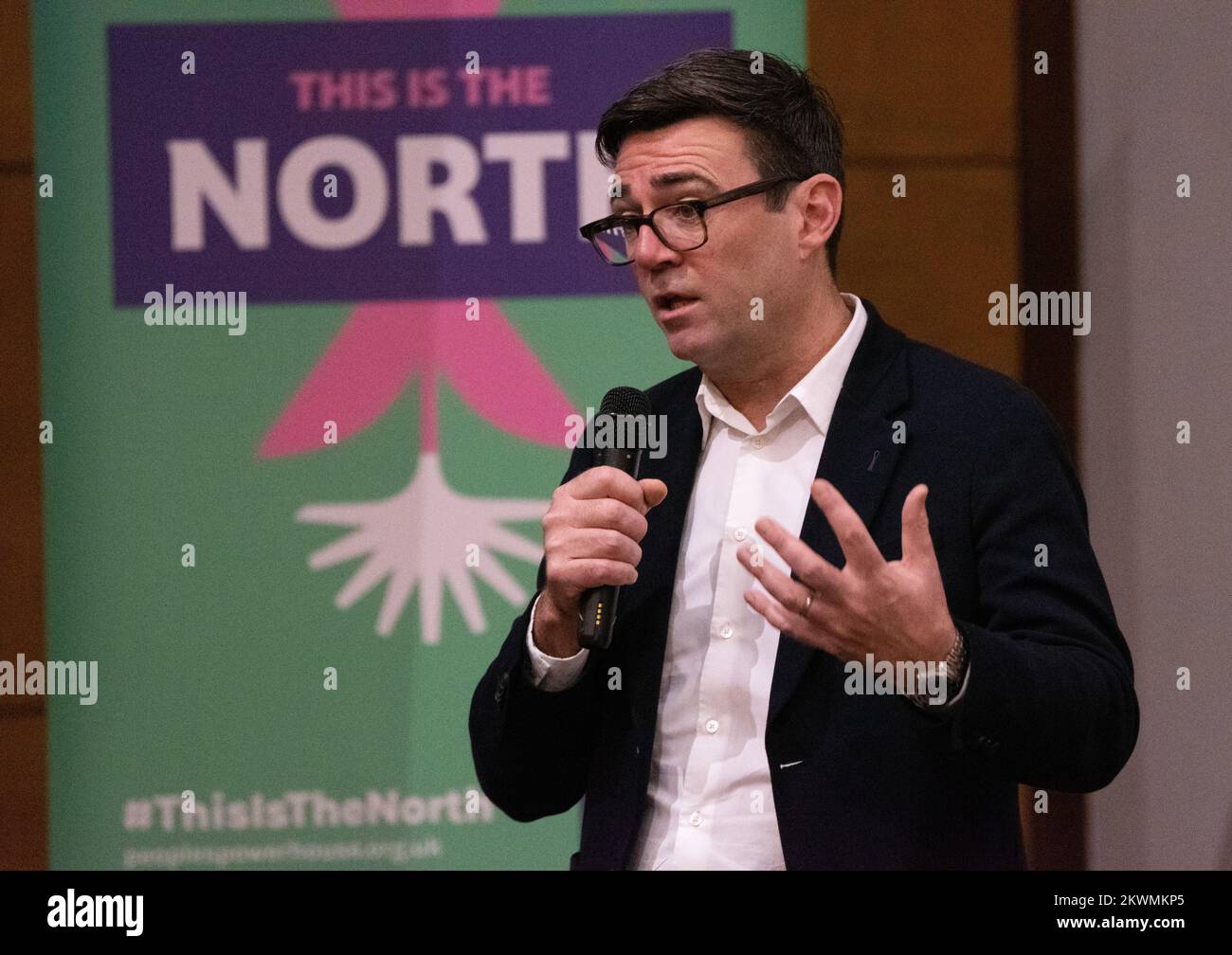 Manchester  30th November 2022, Andy Burnham ( Manchester Mayor), at This is the North 2022 Wednesday the 30th of November the ‘great and the good’ gathered at the Friends Meeting House for the  third annual meeting of The Peoples Powerhouse. Those in attendance included  Nazir Afzal (Chancellor of the University of Manchester) and Bev Craig (Leader of the Manchester Council). The organisation aims to  “bring northerners together so that they can decide what the future of the north should look like” the event lasted all day. Andy Burnham stated “We are going to make 2023 a fight back year.' Stock Photo