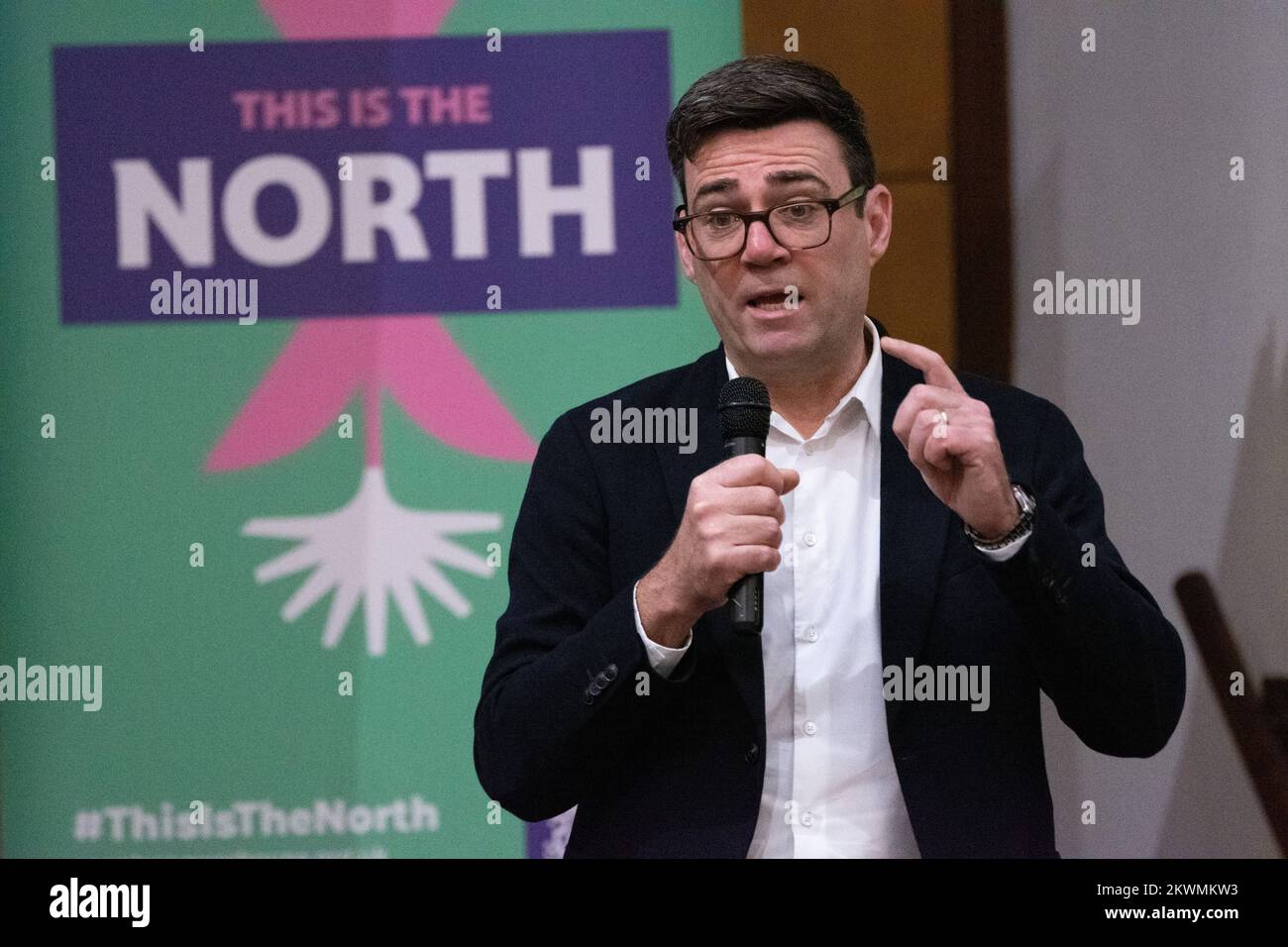 Manchester  30th November 2022, Andy Burnham ( Manchester Mayor), at This is the North 2022 Wednesday the 30th of November the ‘great and the good’ gathered at the Friends Meeting House for the  third annual meeting of The Peoples Powerhouse. Those in attendance included  Nazir Afzal (Chancellor of the University of Manchester) and Bev Craig (Leader of the Manchester Council). The organisation aims to  “bring northerners together so that they can decide what the future of the north should look like” the event lasted all day. Andy Burnham stated “We are going to make 2023 a fight back year.' Stock Photo