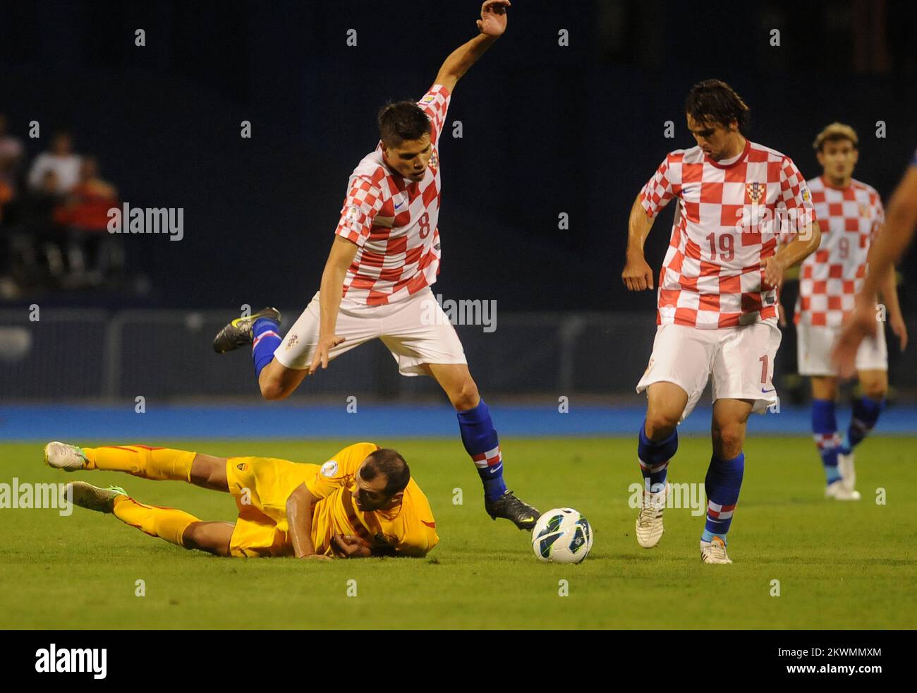07.09.2012., Maksimir stadium, Zagreb, Croatia - 2014 FIFA World Cup Brazil, qualifiers, group A, round 1, Croatia - Macedonia. Goran Pandev, Ognjen Vukojevic, Niko Kranjcar.  Photo: Daniel Kasap/PIXSELL Stock Photo