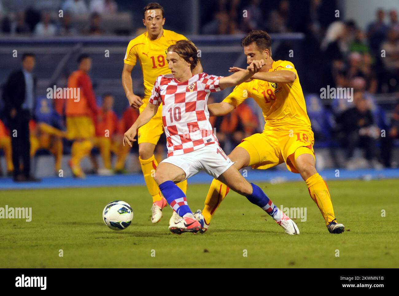 07.09.2012., Maksimir stadium, Zagreb, Croatia - 2014 FIFA World Cup Brazil, qualifiers, group A, round 1, Croatia - Macedonia. Luka Modric, Muhamed Demiri, Agim Ibraimi.  Photo: Daniel Kasap/PIXSELL Stock Photo