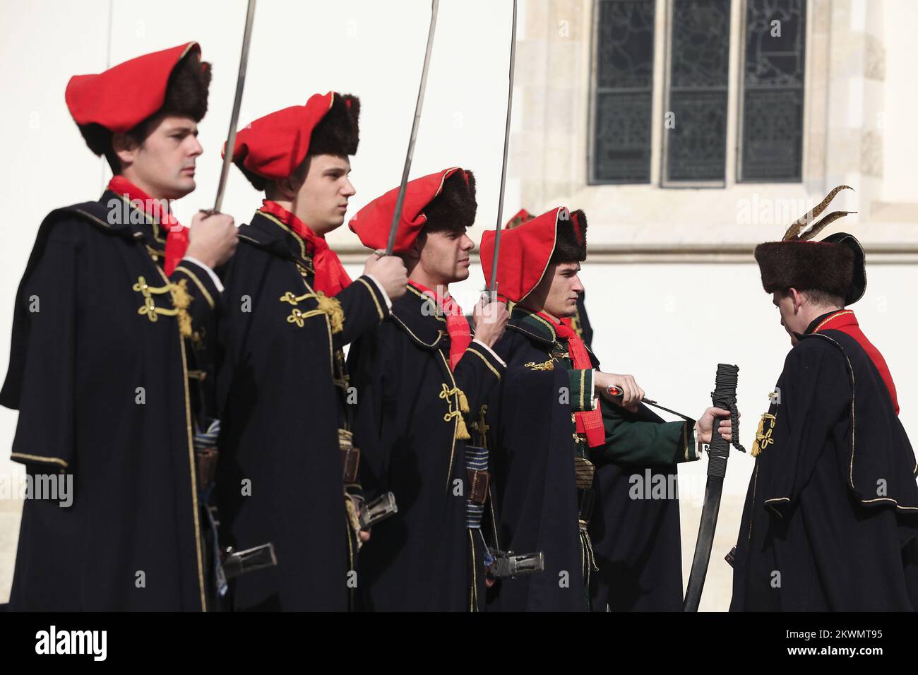 18.10.2012., Zagreb,Croatia - Croatia's International Day of the Cravat.Soldiers  in traditional uniforms participate in a changing of the guard ceremony in  St. Mark's Square in Zagreb . The traditional dress includes a