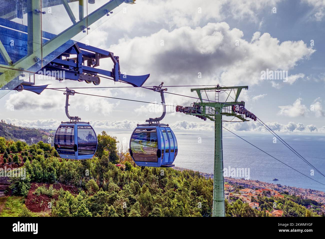 Madeira island, Portugal - Cable cars approaching the cable car station at Monte high above the rooftops and streets of Funchal the capital city. Stock Photo