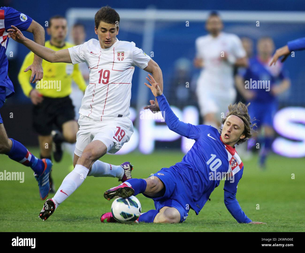 Filip Djuricic and Luka Modric in action during Serbia v Croatia Stock Photo