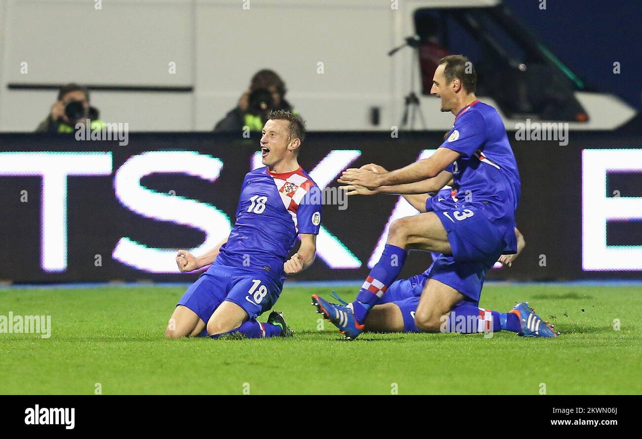Ivica Olic and Josip Simunic celebrate during Croatia v Serbia Stock Photo