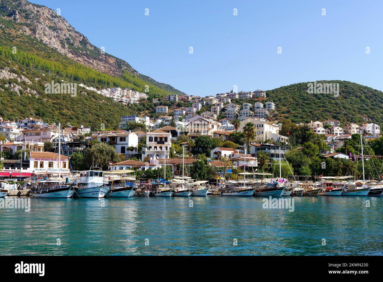 Kash, Turkey - November 29, 2022: View of the Turkish city of Kas. Tourist attractions of Turkey and Mediterranean Sea. Travel, vacation, tourism concept. High quality photo Stock Photo