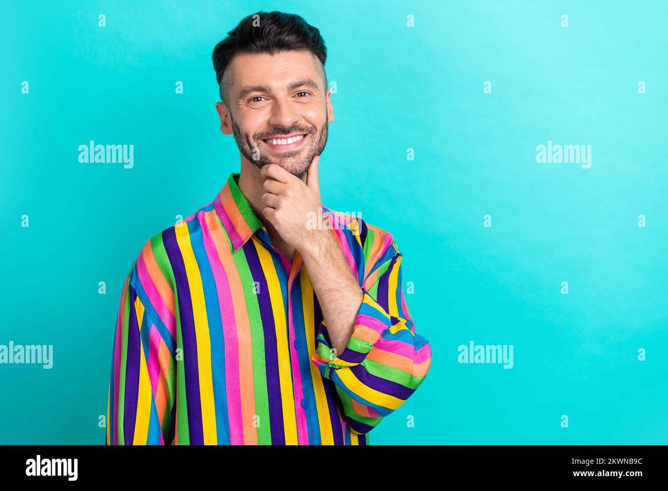 Portrait of optimistic good mood cheerful guy with brunet haircut wear ...
