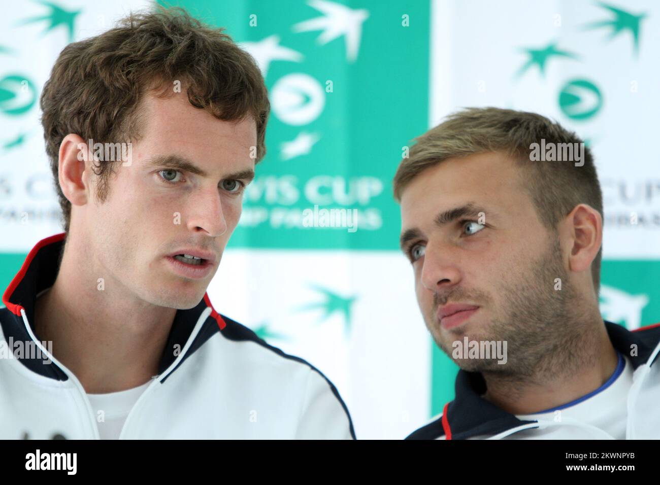 11.09.2013. Croatia, Umag - Press conference of British tennis team ahead of Davis Cup which is due to bad weather delayed more than an hour. Andy Murray, Dave Evans   Photo: Nel Pavletic/PIXSELL Stock Photo