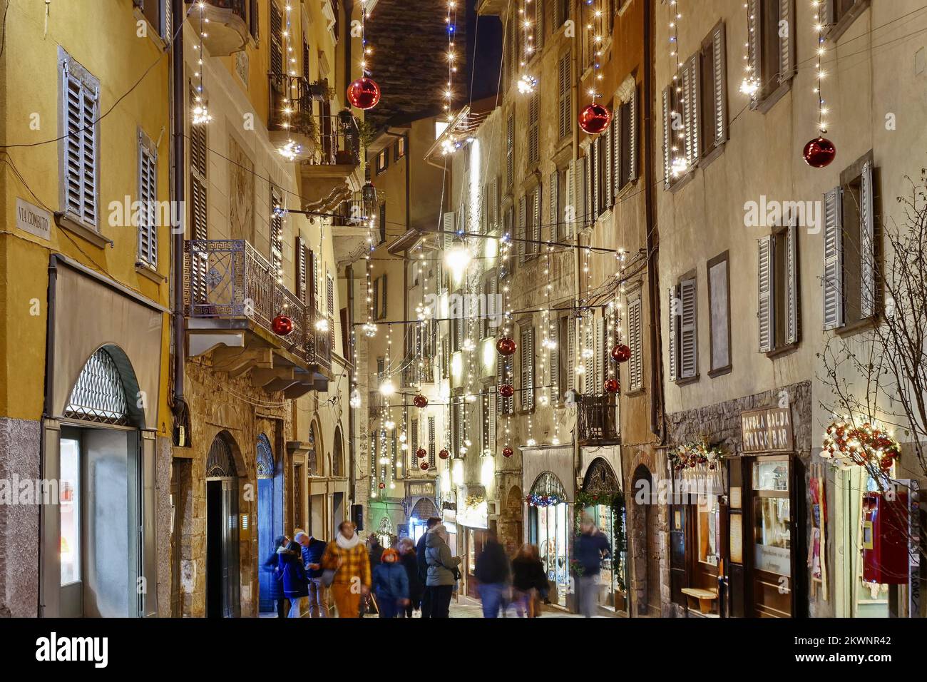 Christmas decorations, shops and lights in Bergamo alta, cityscape, Lombardy, Italy Stock Photo