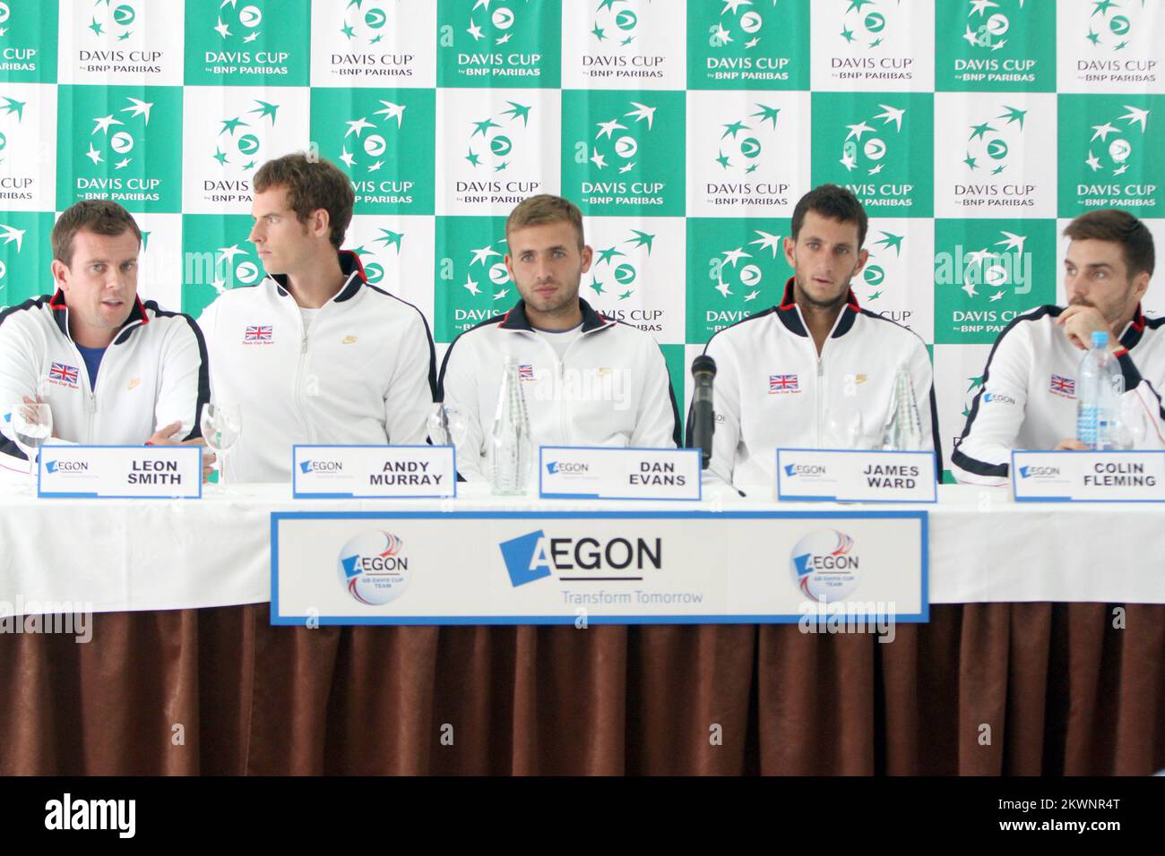 11.09.2013. Croatia, Umag - Press conference of British tennis team ahead of Davis Cup which is due to bad weather delayed more than an hour. Andy Murray, Coling Fleming, Leon Smith, Dave Evans, James Ward.  Photo: Nel Pavletic/PIXSELL Stock Photo