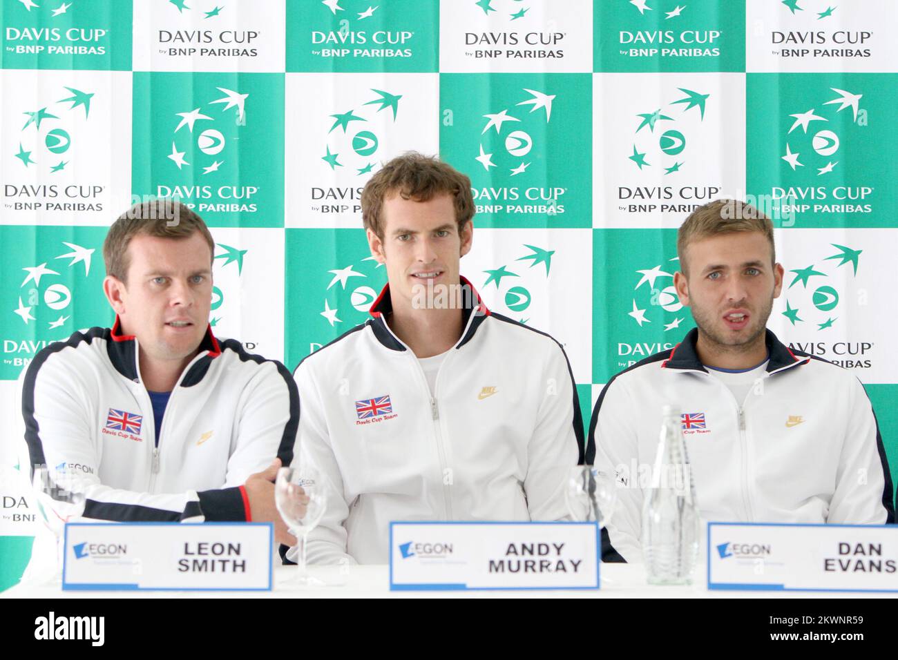 11.09.2013. Croatia, Umag - Press conference of British tennis team ahead of Davis Cup which is due to bad weather delayed more than an hour. Andy Murray, Leon Smith, Dave Evans,  Photo: Nel Pavletic/PIXSELL Stock Photo