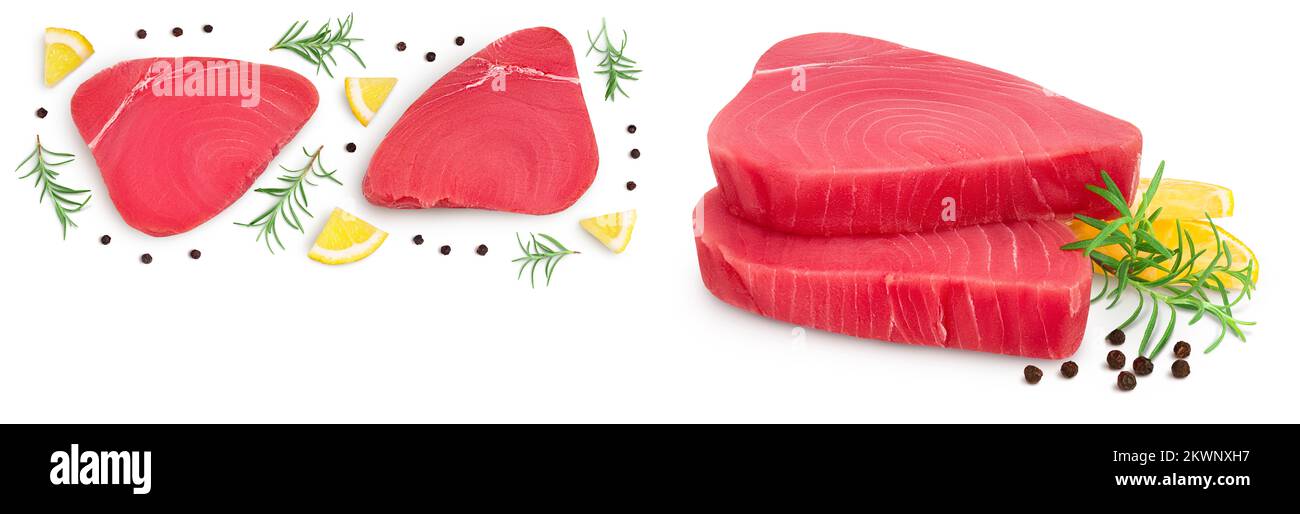 Fresh tuna fish fillet steak isolated on white background. Top view