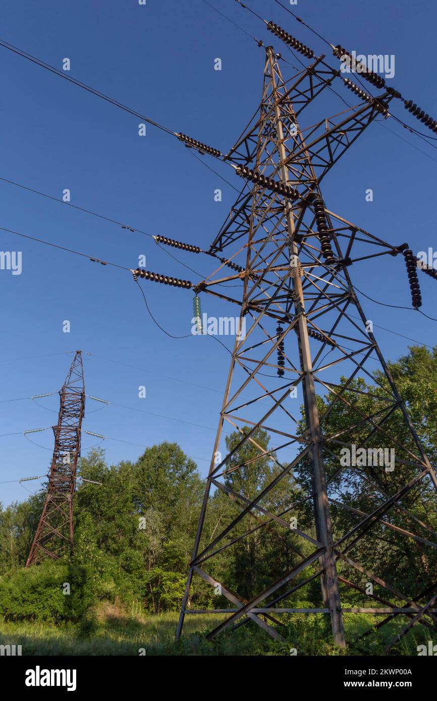 view on electeicity pylon standing in forest at summer Stock Photo