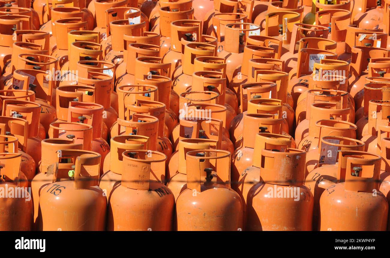 14.10.2013., Sibenik, Croatia - Gas cylinders in the warehouse. Photo: Hrvoje Jelavic/PIXSELL Stock Photo