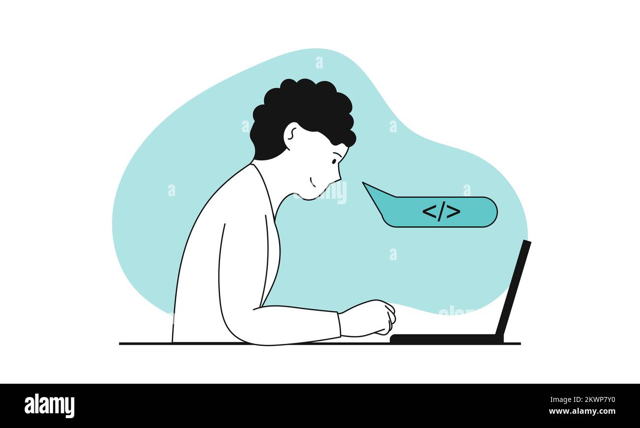 Man programming application at laptop vector illustration concept. Web software development and business technology. Website developer and coding app Stock Vector