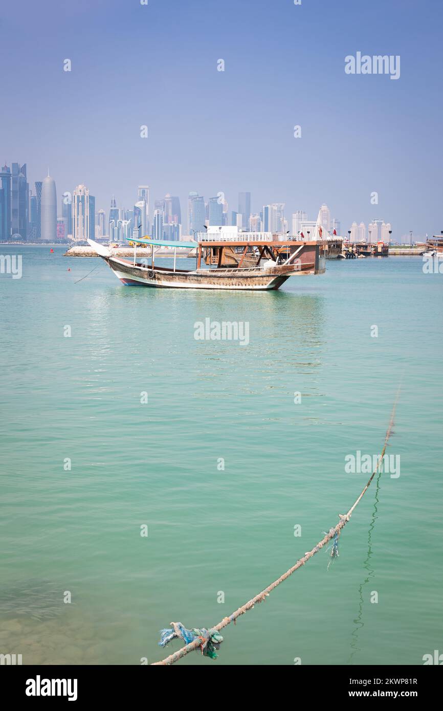 Traditional dhow boat docked in Doha, Qatar. Stock Photo
