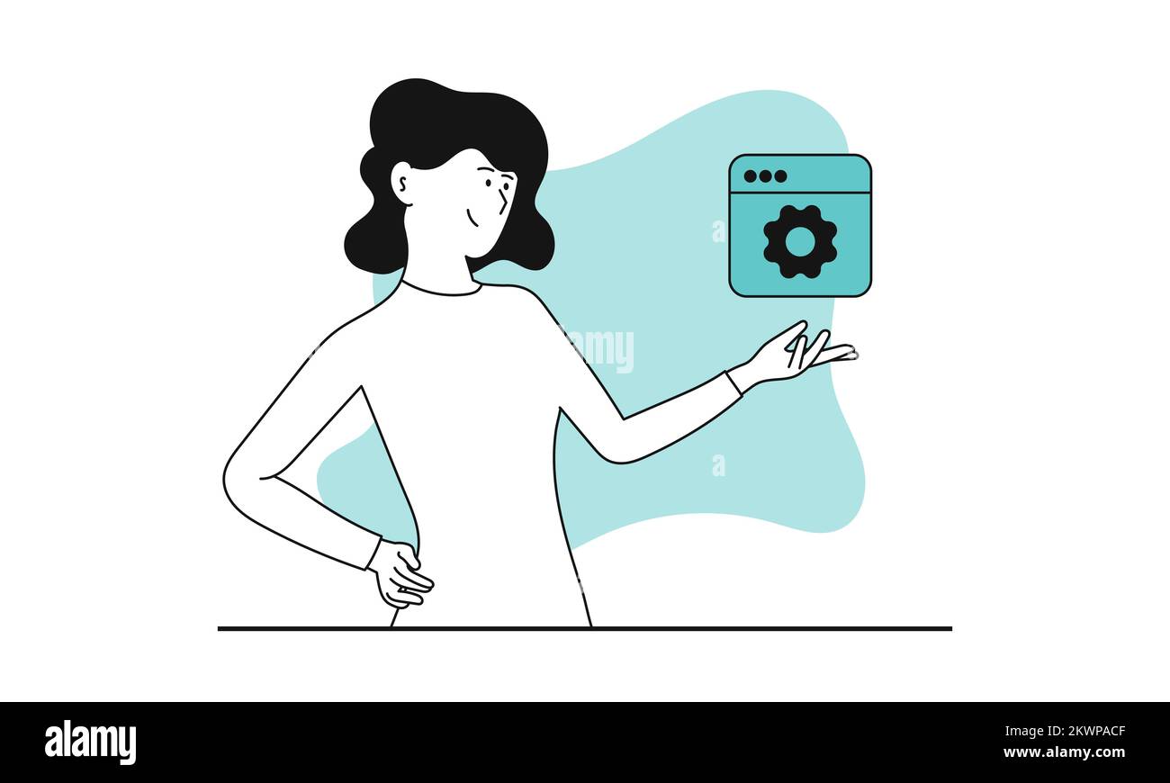 Software development with woman vector illustration concept. Business coding and interface programming. Data network and application develop for marke Stock Vector