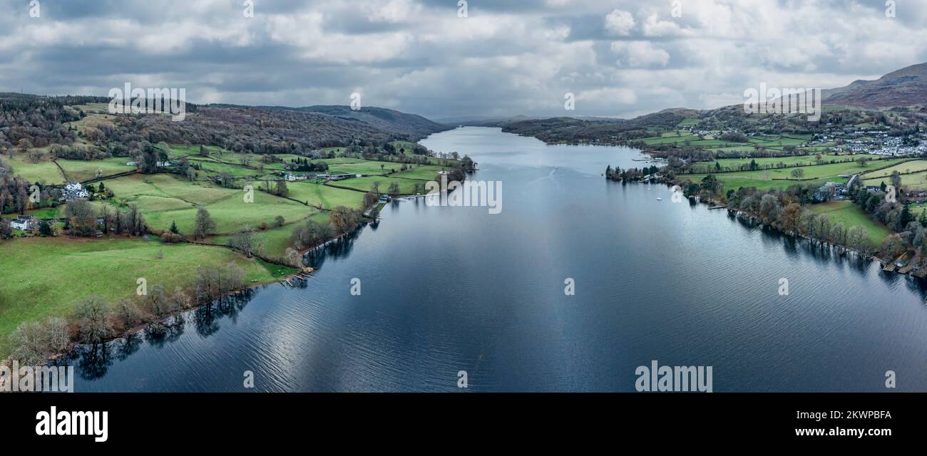 aerial panorama of coniston water and coniston village looking south Stock Photo