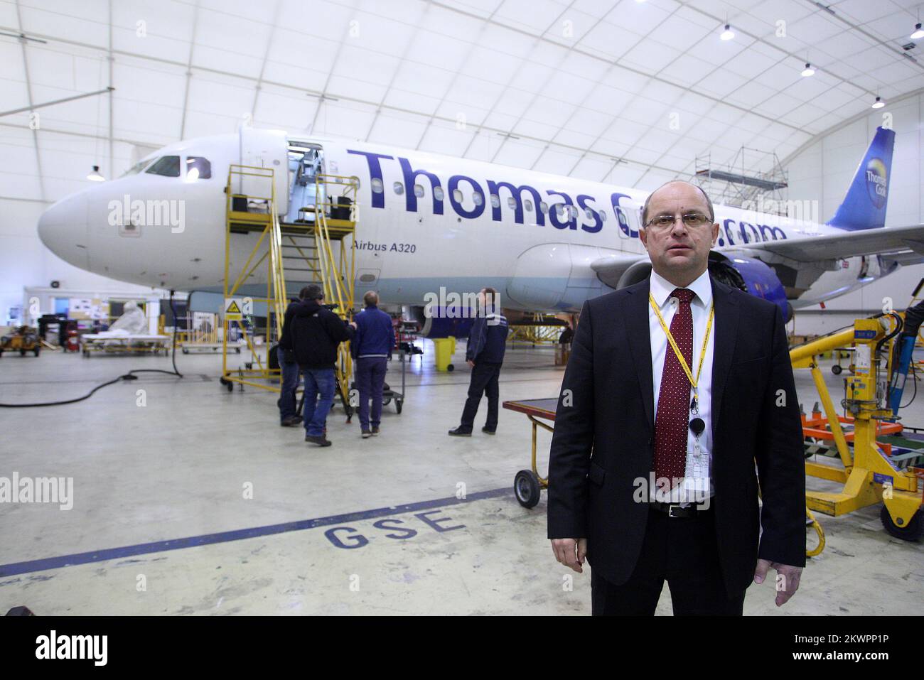 05.12.2013., Zagreb, Croatia - The technical center of Croatia Airlines completed the largest and most demanding technical inspection of the aircraft (the so-called D-check), the technical sector specialists who perform for the first time in company history. Technical examination was carried out on the aircraft Airbus A320-known airline Thomas Cook Photo: Borna Filic/PIXSELL Stock Photo