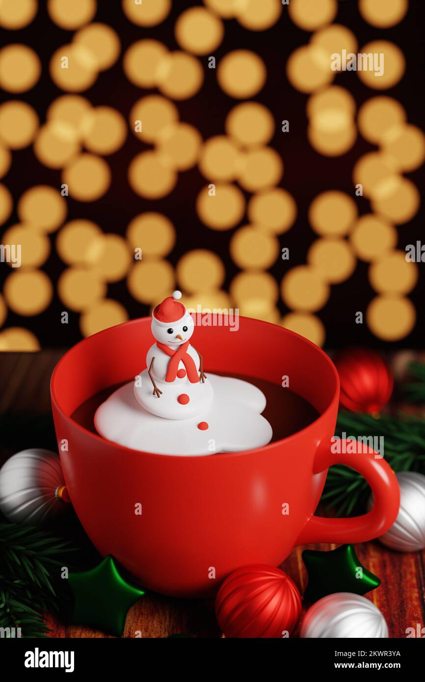 Red mug with cocoa and Christmas snowman marshmallow against Christmas  lights. 3D render Stock Photo - Alamy