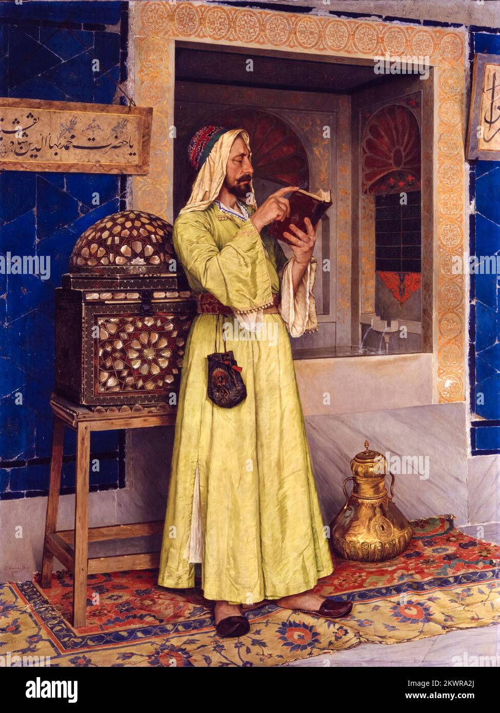 Osman Hamdi Bey, The Miracle Well, (Arab Man Reading), painting in oil on canvas, 1904 Stock Photo