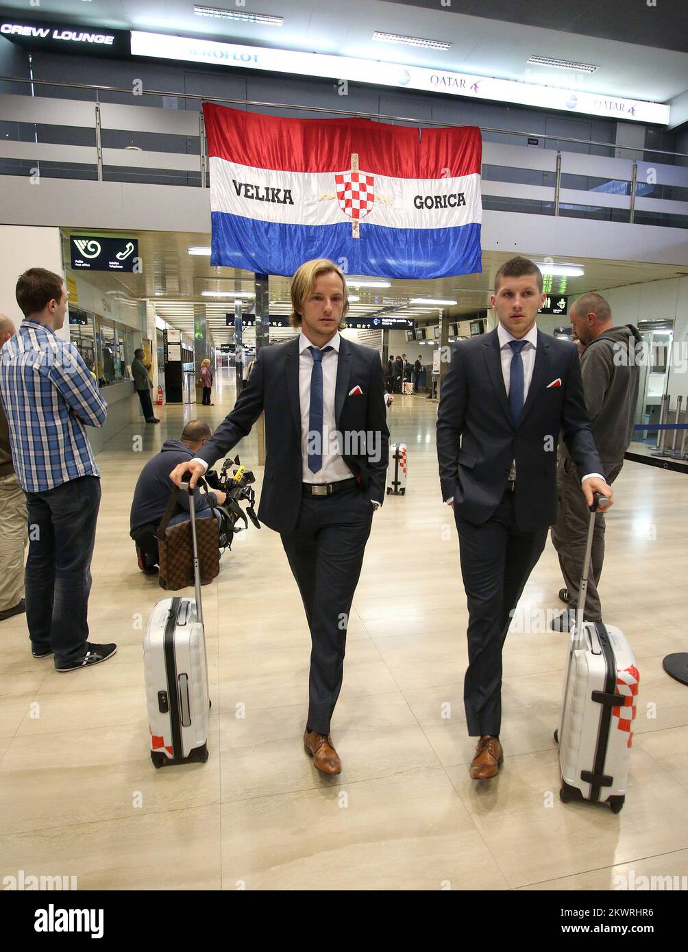 Ivan Rakitic, Ante Rebic.  Croatia squad depart from Zagreb Airport for World Cup.  Stock Photo