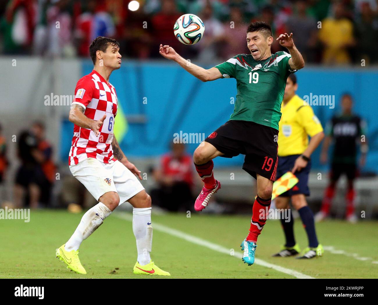 2014 FIFA World Cup group A game against Mexico and Croatia. Dejan Lovren, Oribe Peralta Photo: Sanjin Strukic/PIXSELL Stock Photo