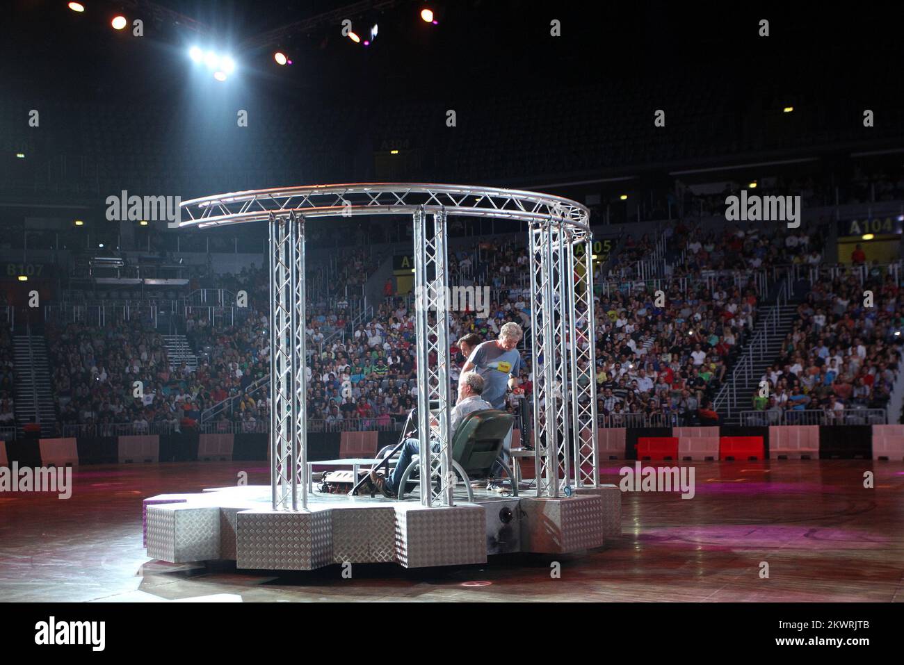 The legendary TV show hosts Jeremy Clarkson, Richard Hammond, James May and the mysterious driver Stig perform a variety of stunts and challenges at Arena Zagreb in spectacular automotive show, Top Gear Live.  Stock Photo