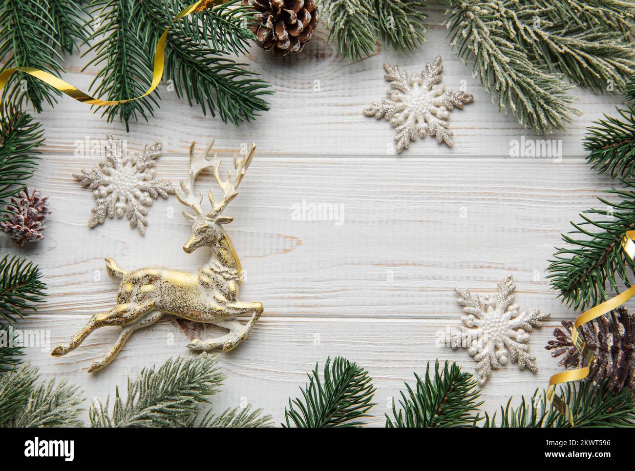 Christmas Background. Fir Tree Decorations On White Wooden Background ...