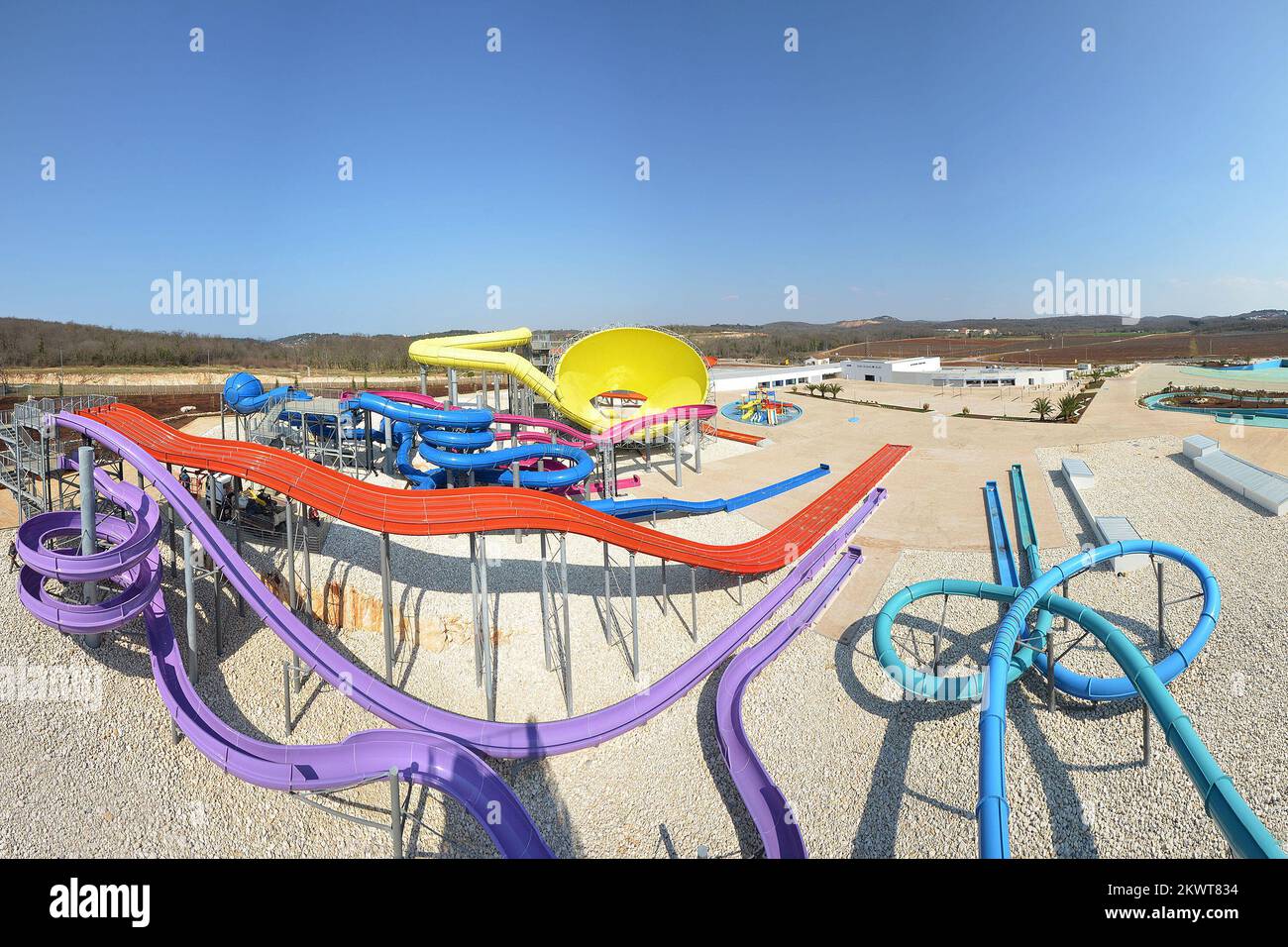 19.03.2015., Croatia, Porec - 6 May 2015 opens a water park Aquacolors in Porec, which is located next to the Green Lagoon, close to the main road that leads from Porec to Funtana and Vrsar. This is a considerable foreign investment of 25 million euros. The investor is a company Asket which is a wholly-owned by Czech company Signum.   Stock Photo