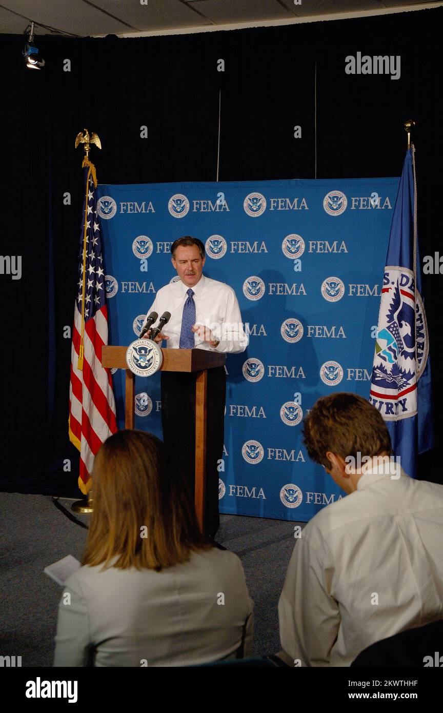 Hurricane Wilma,  Washington, DC, October 24, 2005   R. David Paulison, the Acting FEMA Director takes questions from reporters on the landfall and effects of hurricane Wilma and ongoing preparations for response and recovery in Florida. Bill Koplitz/FEMA.. Photographs Relating to Disasters and Emergency Management Programs, Activities, and Officials Stock Photo