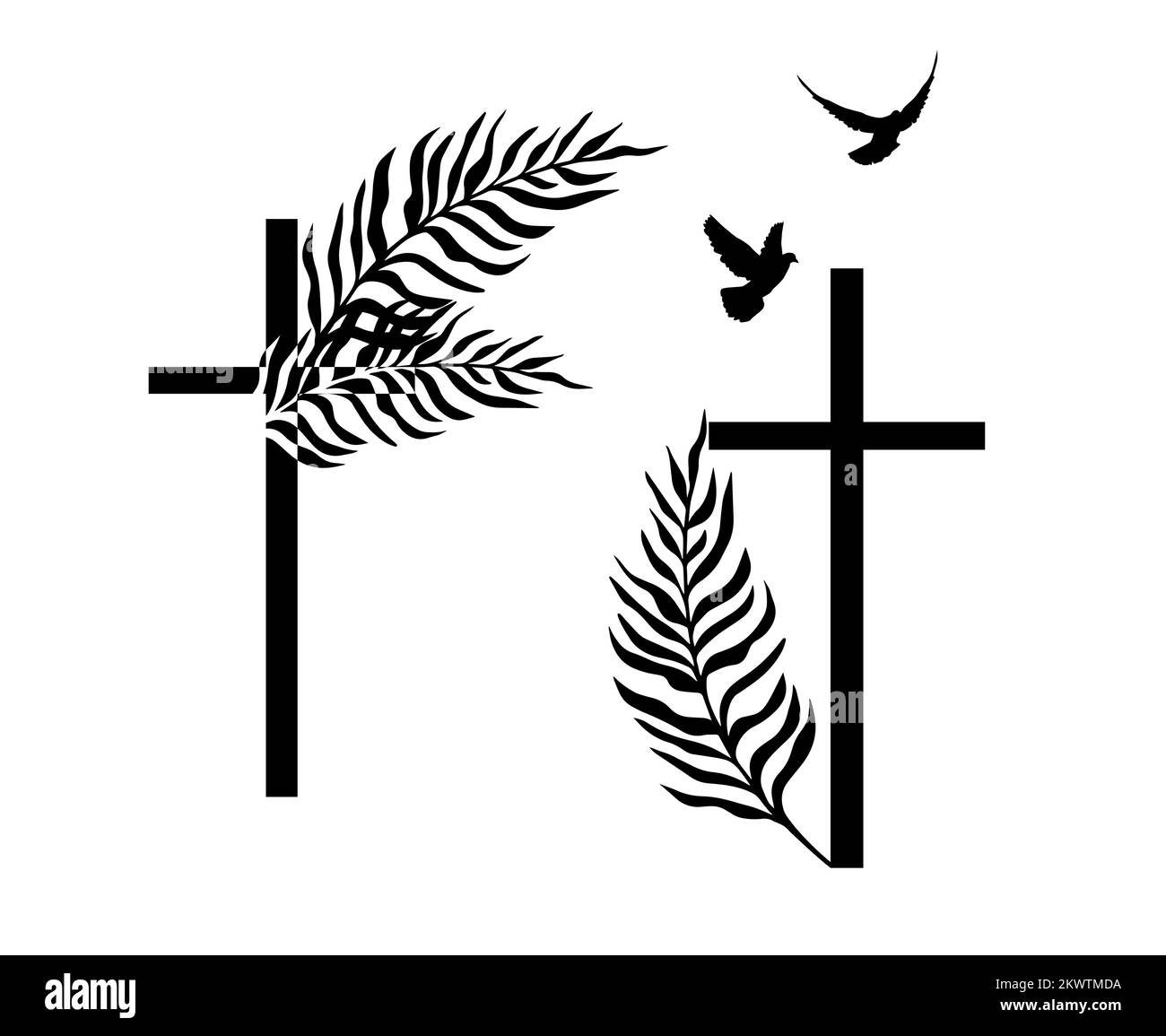 Religious cross with palm leaf and birds. Vector illustration Stock