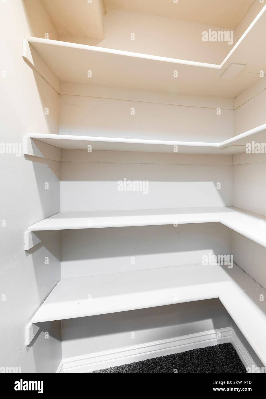 Vertical White linen closet with wall mounted shelves and carpeted floor. Narrow walkin closet