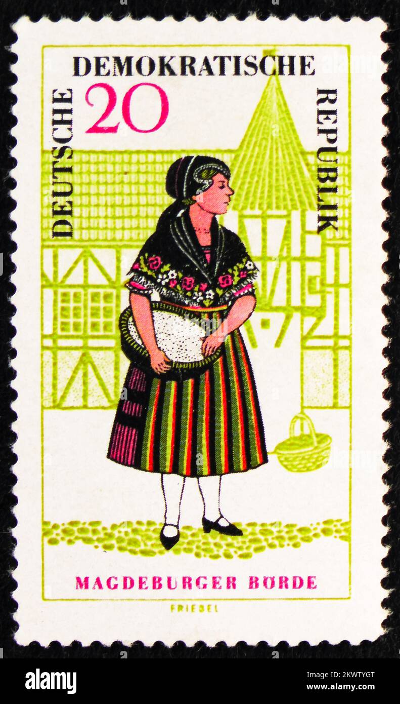 MOSCOW, RUSSIA - OCTOBER 29, 2022: Postage stamp printed in Germany shows Magdeburger Borde, Costumes serie, circa 1966 Stock Photo