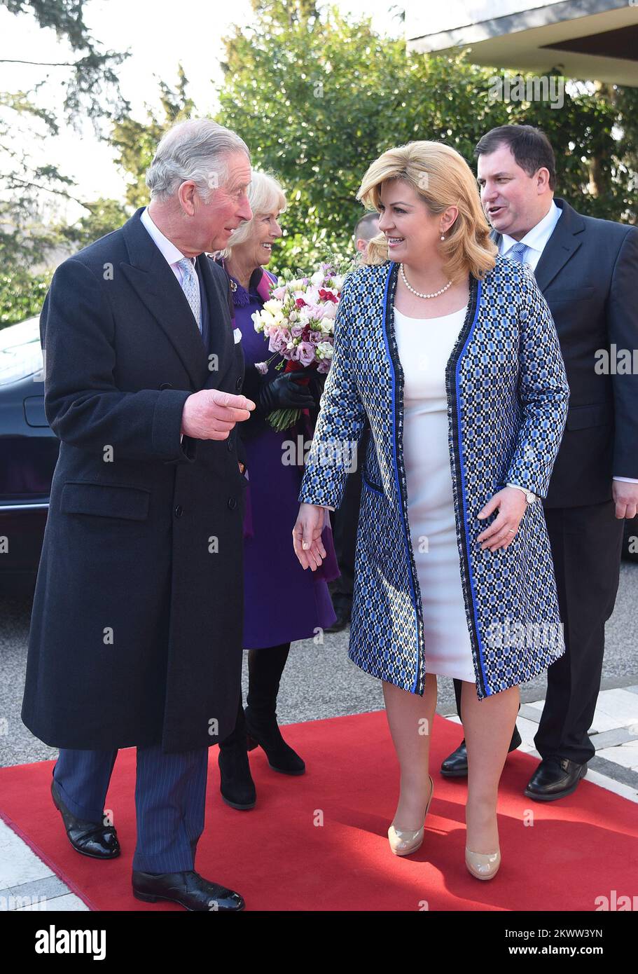 14.03.2016., Zagreb, Croatia - British Crown Prince Charles and his wife Camilla, the Duchess of Cornwall, are visiting Croatia as part of a regional tour that will include Serbia, Montenegro and Kosovo. They are officially welcomed by President Kolinda Grabar-Kitarovic at Presidential Palace.   Stock Photo