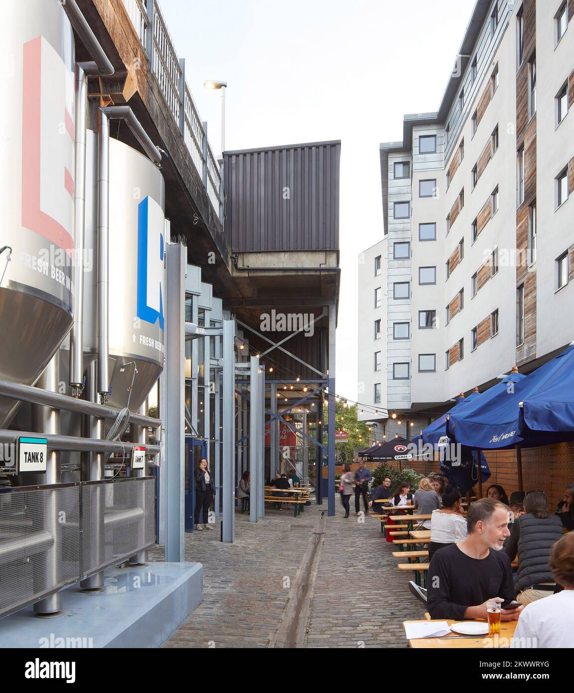 Beer hall facade and outdoor seating. Camden Town Beer Hall, London