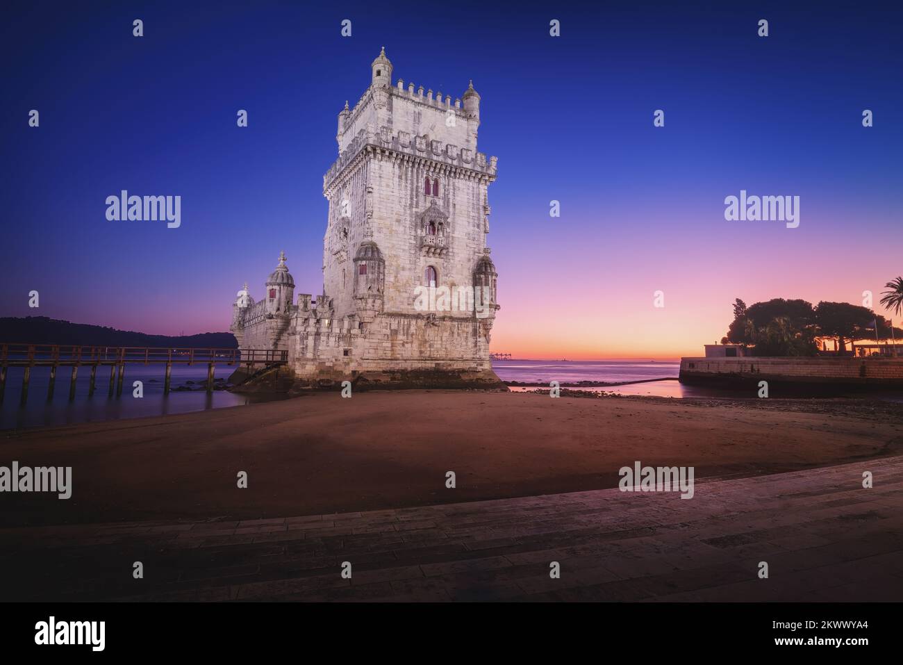 Belem Tower and Tagus River (Rio Tejo) at sunset - Lisbon, Portugal Stock Photo