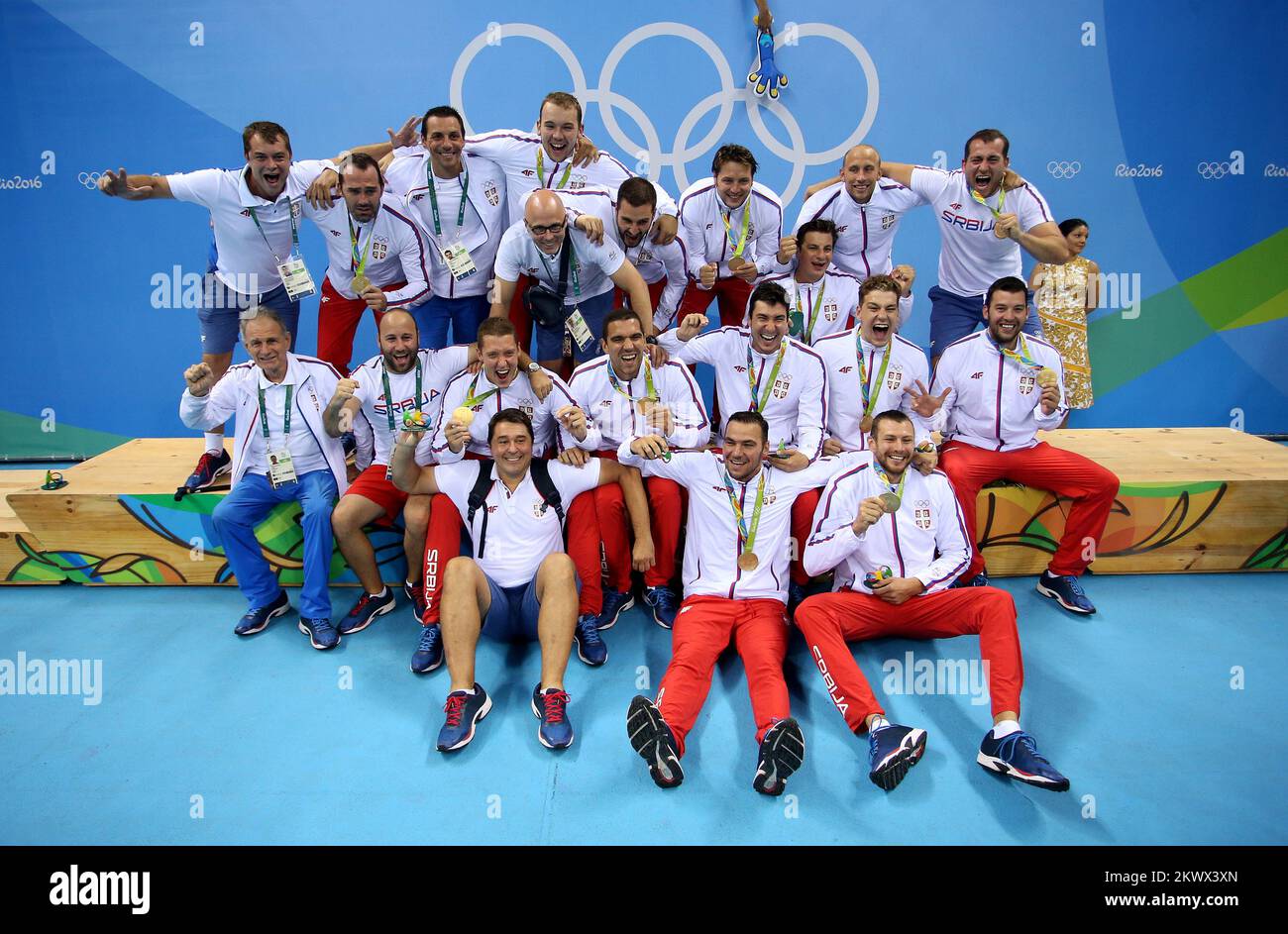 20.08.2016., Rio de Janeiro, Brazil - Rio Olympic Games in 2016, Medal ceremony after the final water polo match between Croatia and Serbia. Gold went to Serbian national team, silver went to the Croatian national team, a bronze to representation of Italy.  Stock Photo