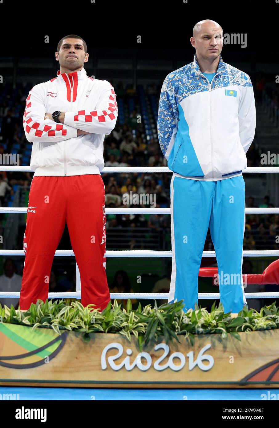 21.08.2016., Rio de Janeiro, Brazil - Bronze medalists Filip Hrgovic of Croatia and Ivan Dychko of Kazakhstan pose on the podium during the medal ceremony for the Men's Boxing Super Heavy +91kg.  Stock Photo