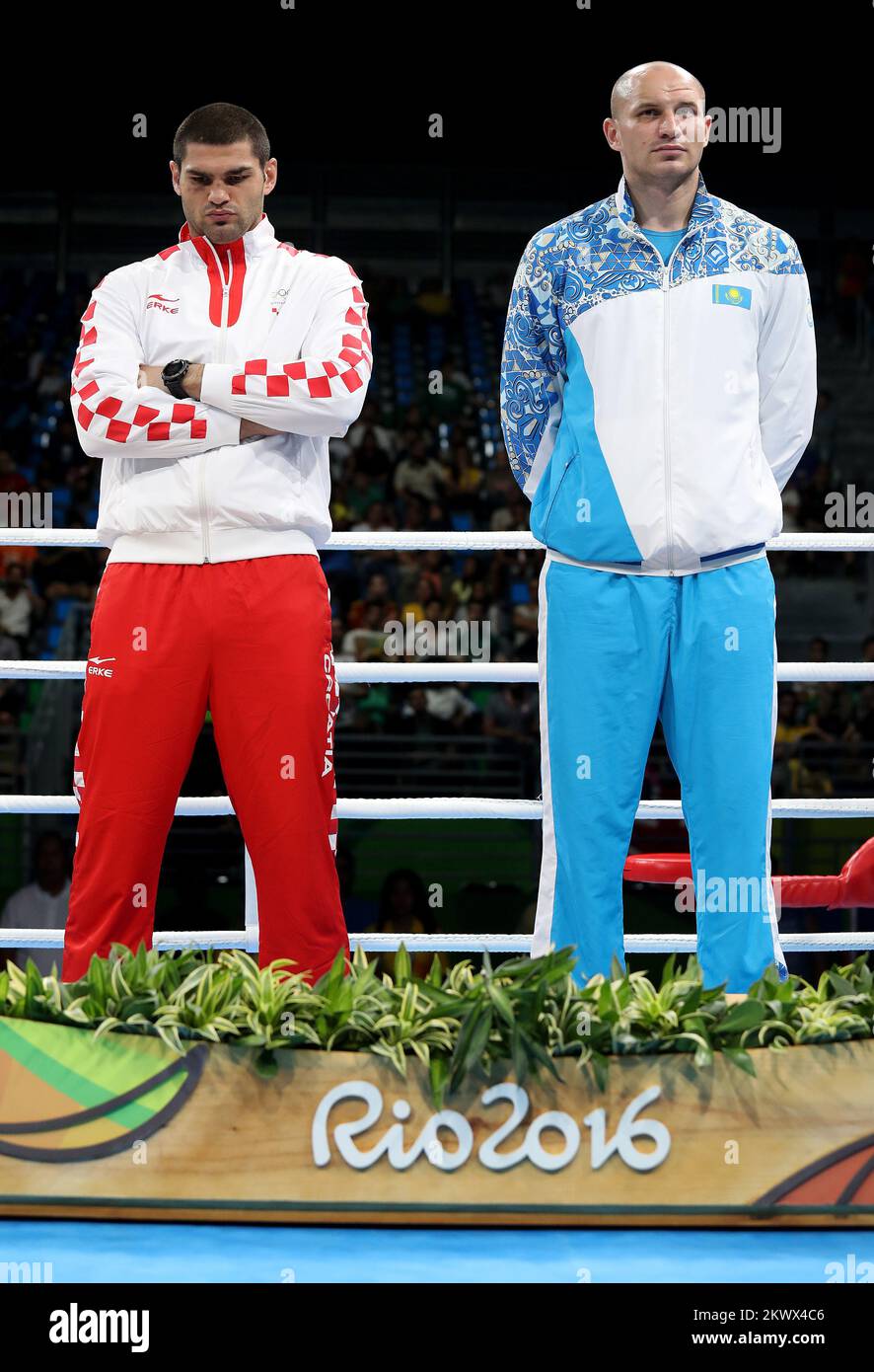 21.08.2016., Rio de Janeiro, Brazil - Bronze medalists Filip Hrgovic of Croatia and Ivan Dychko of Kazakhstan pose on the podium during the medal ceremony for the Men's Boxing Super Heavy +91kg.  Stock Photo