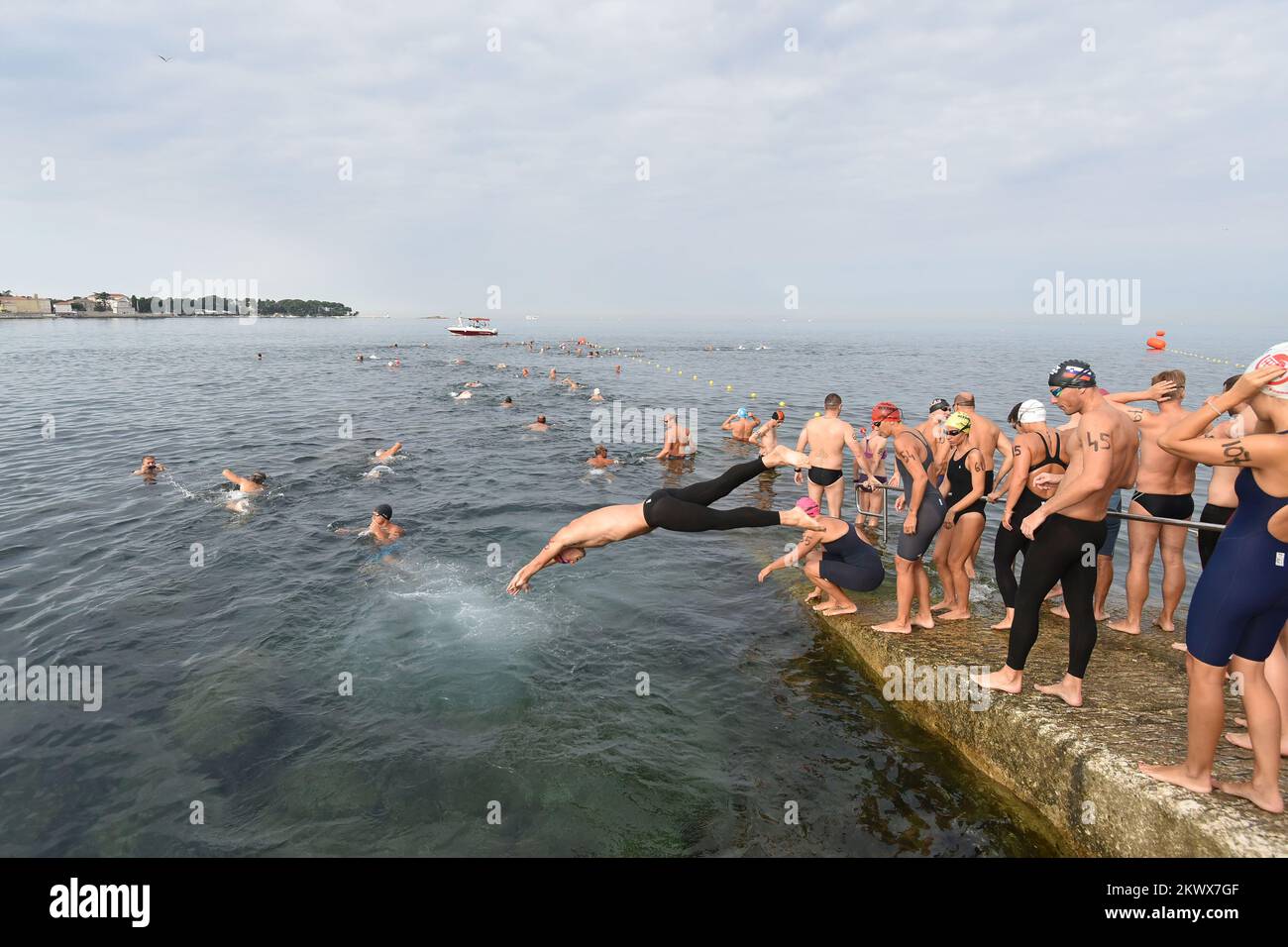 03.09.2016., Porec, Croatia - Held is 17th Porec dolphin swimming challenge for everyone, it does not matter who you get to the goal, you have your medal and a T-shirt ensure participation. This year brought together 1,000 participants from various European countries and Croatian but the most numerous were the same as in previous years Hungarians. Fastest swimmer is from Split Ivan Sipic.   Stock Photo