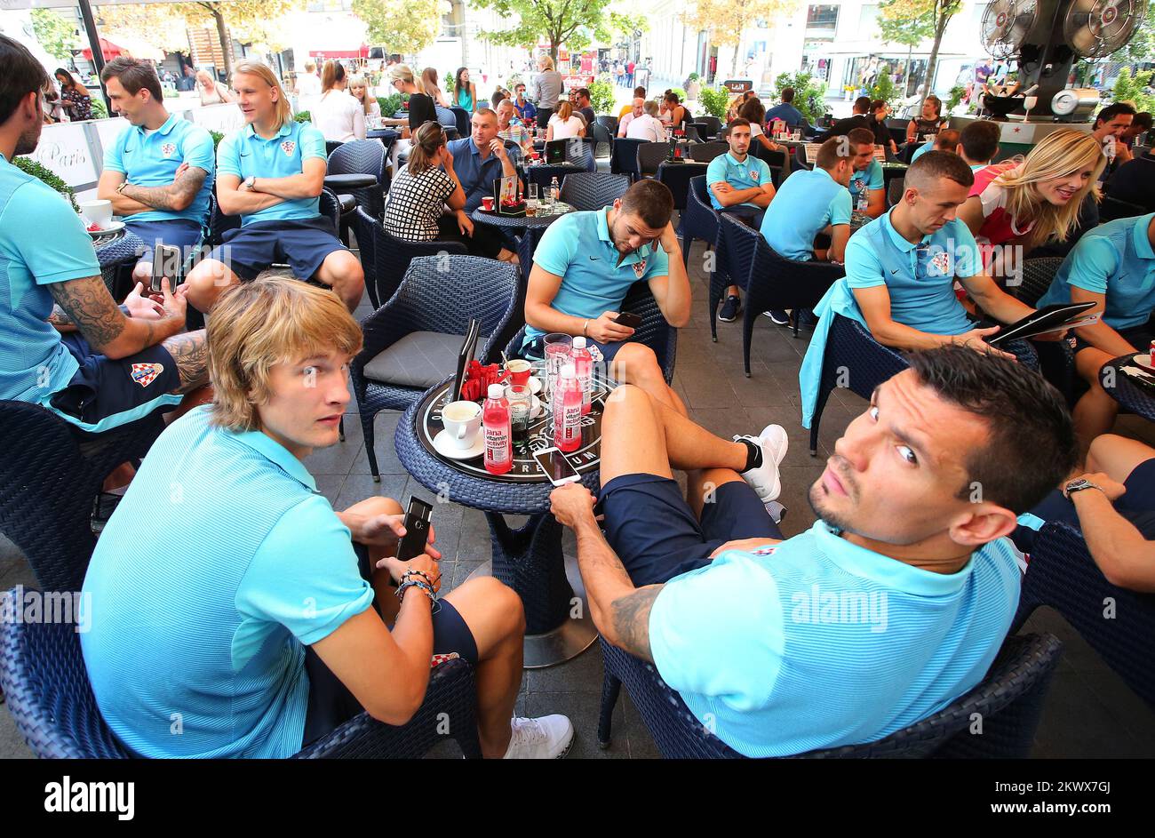 04.09.2016., Zagreb, Croatia - Players and staff of the Croatian national football team drank coffee at the Flower Square and stroll through the center of Zagreb on the surprise and excitement of the citizens. Tin Jedvaj, Dejan Lovren   Stock Photo